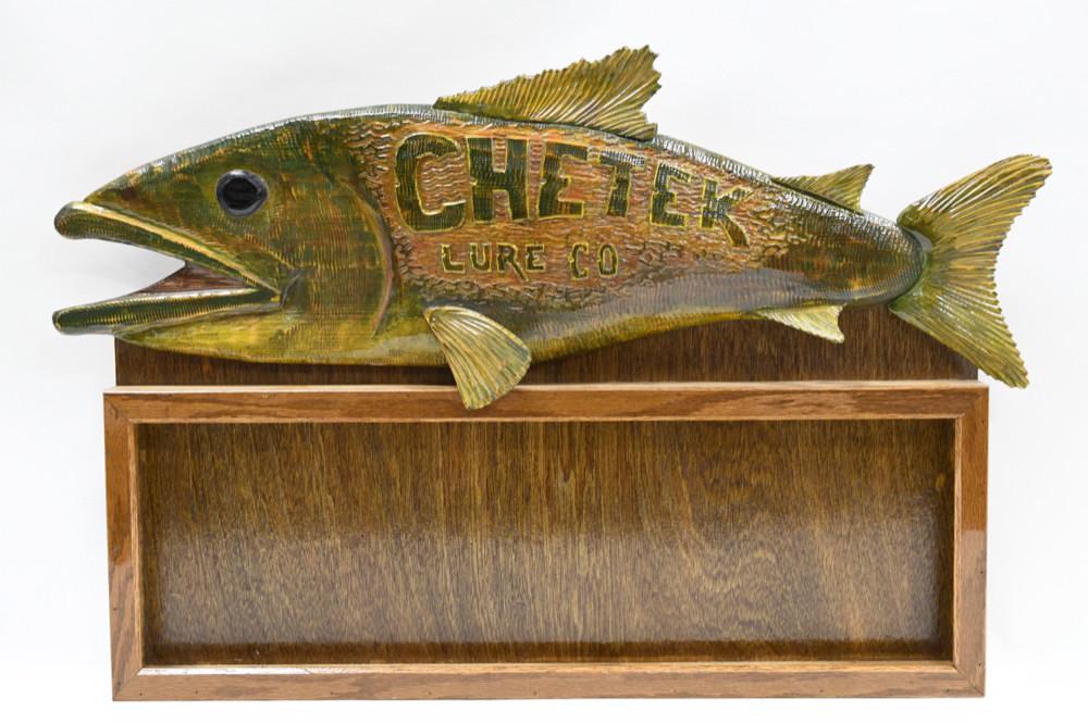 Carved Wood Chetek Lure Co. Adv. Display Case Sign (1 of 5)