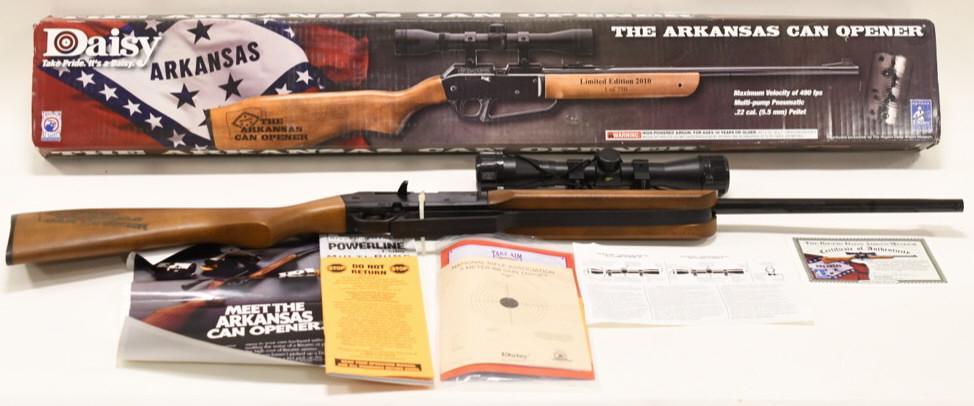 Limited Daisy Arkansas Can Opener Air Gun 1 Of 750: Nice 2010 Limited Edition 1 of 750 Daisy Powerline 822 " The Arkansas Can Opener" .22 caliber air rifle with hunting scope, unused in box. It is in excellent condition with some box rubs and wear, sti