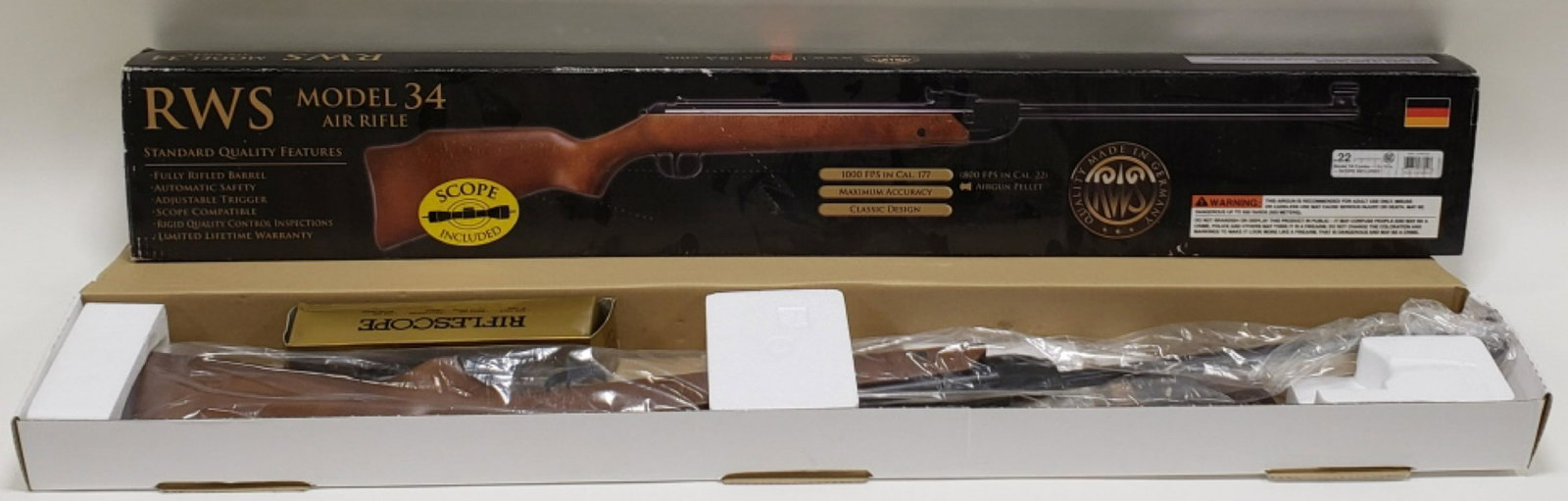 RWS Model 34 Combo .22 Cal. Pellet Air Rifle NIB: New in box German made RWS Diana Model 34 Combo break barrel Air Rifle in .22 caliber pellet. The rifle is in new condition in the original box with instructions and 4x32 scope.