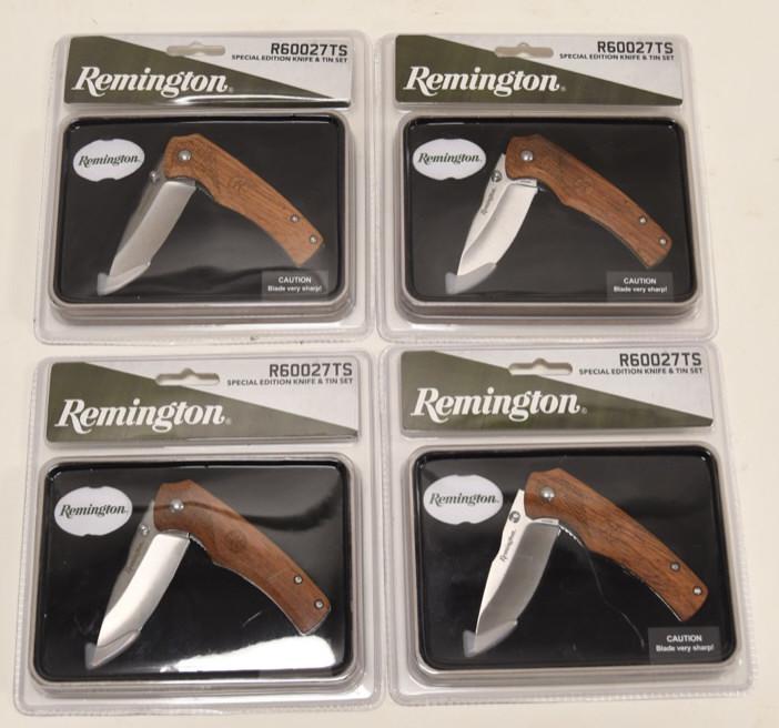 Lot Of 4 Brand New Remington Folding Knives: Nice lot of 4 Remington R60027TS folding knives brand new n package with collectors tin. Sets includes two stainless steel fixed blade knives with damascus finished handles. Knife handle measures appr