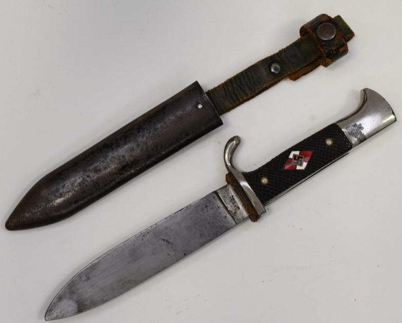 WWII German Hitler Youth Dagger w/ Scabbard: Nice WWII German Hitler Youth dagger with scabbard. Nice condition with paint loss to scabbard and wear from use and age. Blade is marked RZM M7/51/39. Overall with scabbard it measures approximately