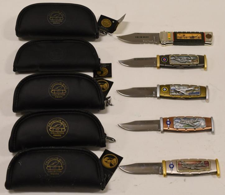 Franklin Mint Military Collectors Folding Knives: Nice lot of five Franklin Mint Military collectors folding knives. Knives are in very nice used condition, and all display well. All five knives include original protective travel cases.