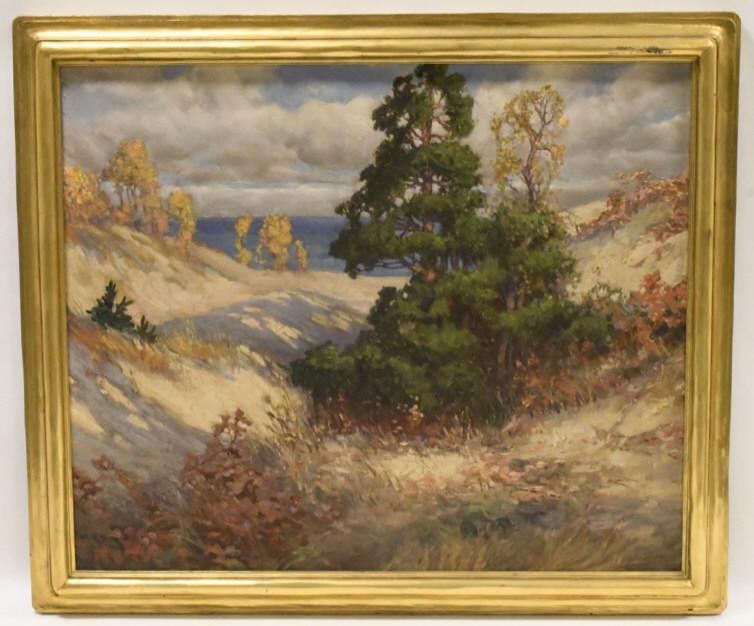 Joseph Tomanek Indiana Dunes Oil On Canvas: Beautiful oil on canvas painting by listed Indiana & Illinois artist Joseph Tomanek. The painting features a beautiful view of the Indiana Lake Michigan lakeshore. Painting is signed in the bottom lef