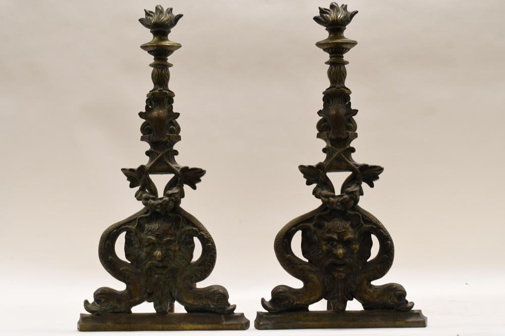 Antique French Bronze 26" Continental Andirons: Nice set of antique French bronze 26" continental andirons. The andirons feature dolphins and mythical creatures. Nice complete antique condition.