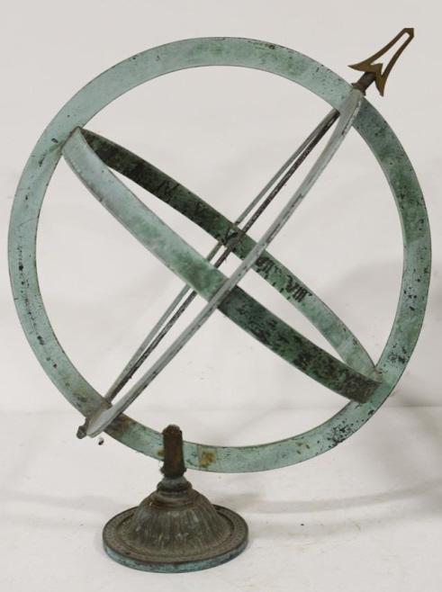 Antique Bronze Armillary Sun Dial: Antique ornate bronze Armillary sun dial. Displays extremely well with applied patina. Has wear from use and age. Overall it measures approximately 27" tall by 25" across.