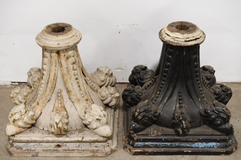 Antique Wooden Gothic Architectural Column Capital: Set of two matching antique wood architectural column capitals with cast iron applied ornate features. Both are in nice conditon with paint loss and wear from use and age. They are different colors. T