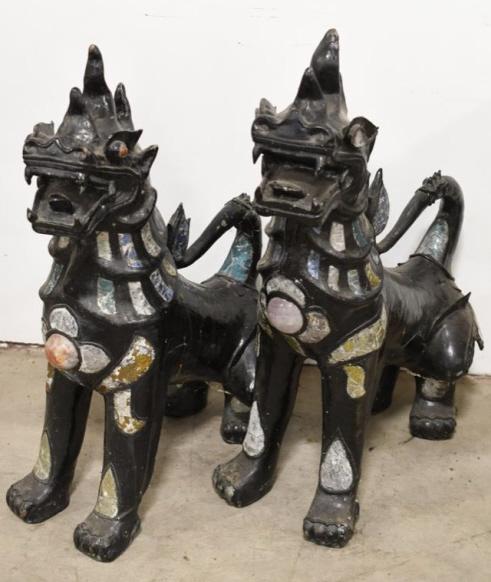 (2) Large Antique Bronze Foo Dog Exterior Statues: Outstanding matching pair of antique bronze foo dog exterior statues with metallic glass and stone features. These statues were most likely salvaged from a demolished bank, hotel, or retail building.