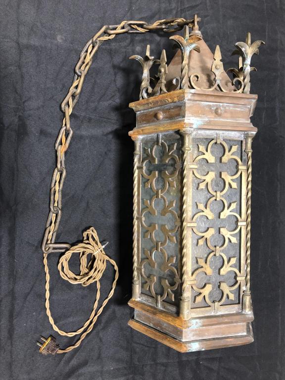 Large Antique Copper & Brass Church Hanging Lamp: Nice large hanging gothic style copper & brass hanging church lamp. Nice condition with six glass panels. Measures 26" tall x 10.5" across.
