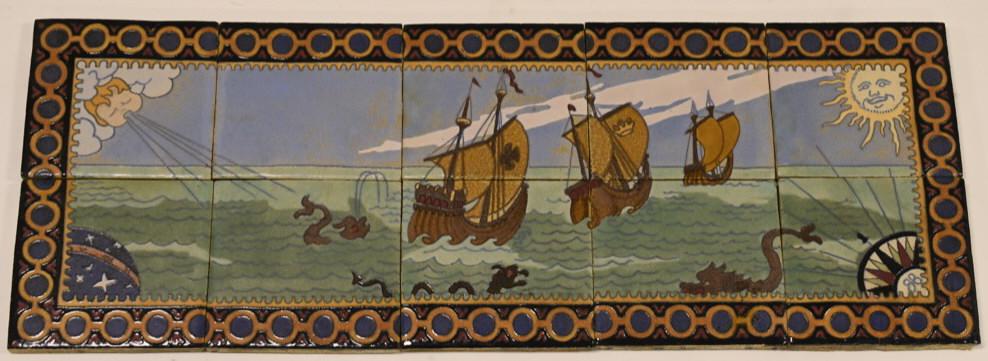 Antique Pottery Tile Ships Wall Mural: Nice antique 10 piece pottery tile wall mural featuring ships at sea. Nice salvaged condition with great color. Overall measures 12" tall x 33" across.