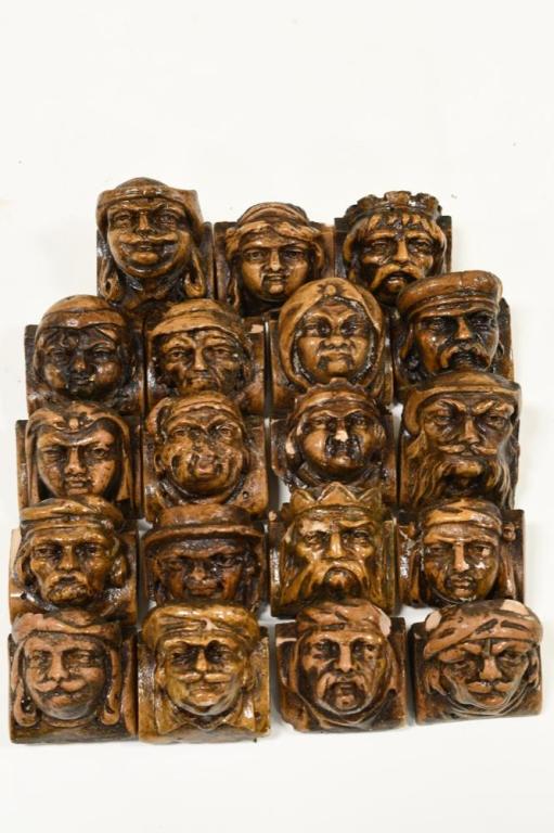(19) Antique Terra Cotta Trim Decorative Heads: Nice lot of 19 antique terra cotta trim decorative heads. Nice salvaged condition with great detail. Measure approx. 3" x 2" x 3" with a range of faces.