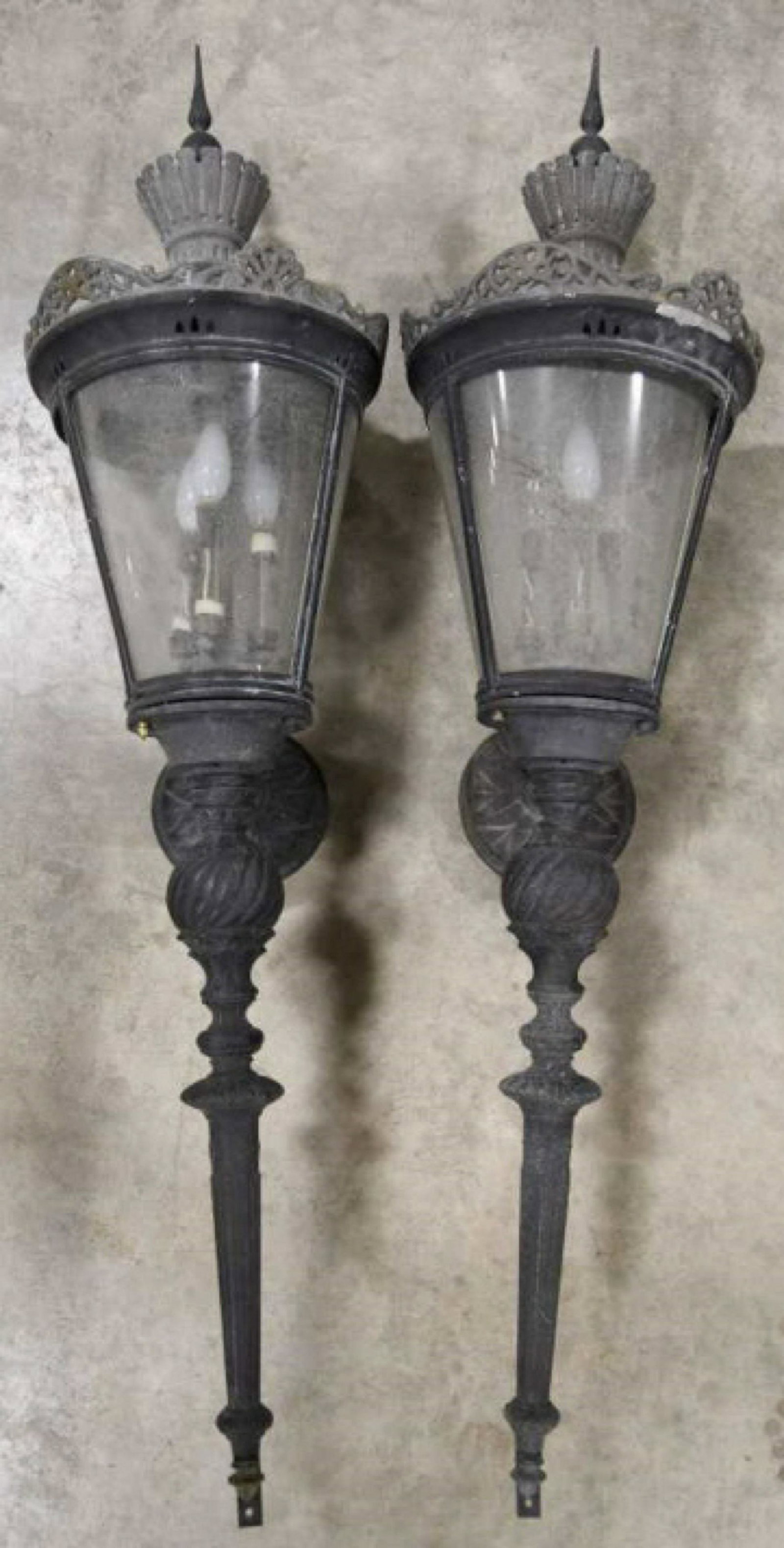 Set Of Large Vintage Outdoor Wall Light Fixture: Nice set of two vintage exterior wall light fixtures. Both are in good condition with wear from use and age. they display well. Both will most likely need rewiring. They measure approximately 48" tall