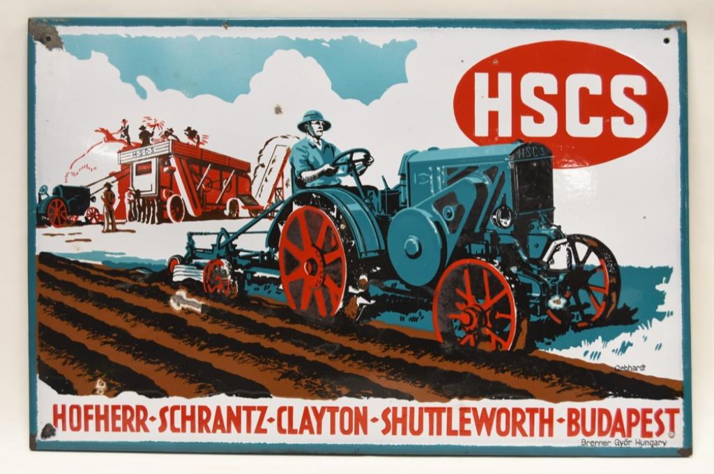 SSP HSCS Tractor Advertising Sign: Very nice single sided porcelain Hofherr-Schrantz-Clayton-Shuttleworth Tractors advertising sign. Sign is in nice condition with some porcelain loss and wear from use and age. Displays extremely wellw