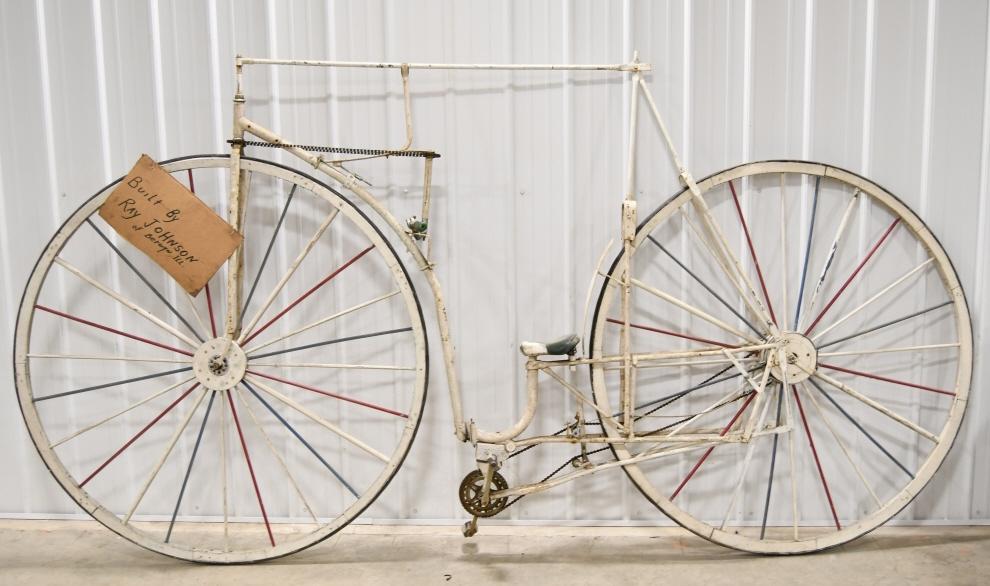 Giant Custom Made Bicycle: Nice vintage giant custom made wood rim bicycle. Nice condition with wear from use and age. Has belt driven steering. Made by Ray Johnson Of Berwyn Illinois. Measures approximately 145" across by 74"