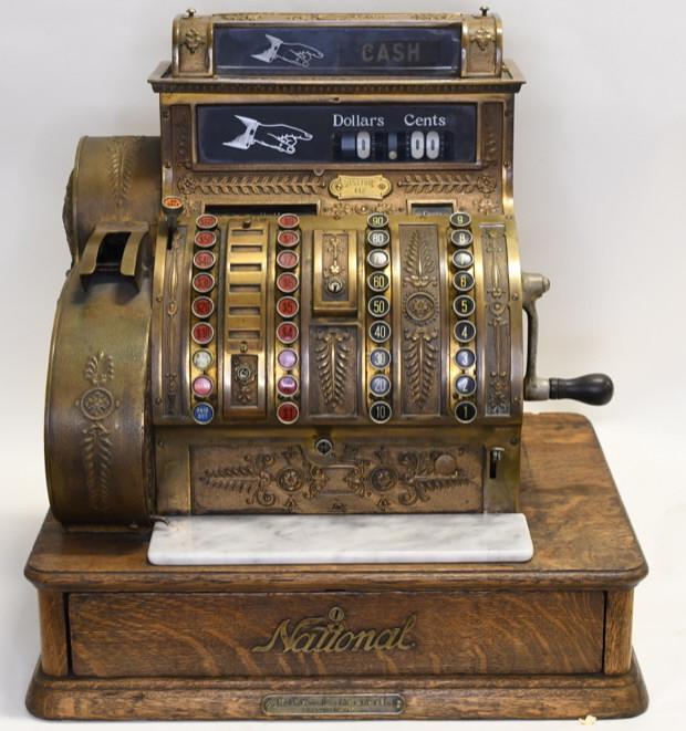 1930s Brass National Cash Register w/ Oak Base (1 of 7)