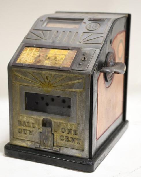 1¢ Superior Confection Ball Gum Trade Stimulator: Nice vintage 1¢ Superior Confection Co. "Ball Gum" trade stimulator. Good original condition with discolored paper labels, and wear from use and age. Displays well . Measures approximately 11-1/2" ta