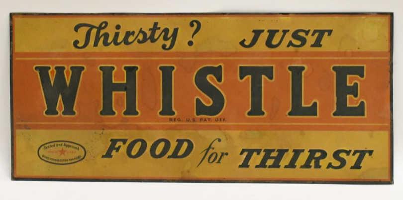 Vintage SST Whistle Soda Embossed Advertising Sign: Nice original vintage Whistle soda single sided tin embossed advertising sign. Sign is in very nice unused original condition. Still has original rice paper attached. Does have wear from age and stora