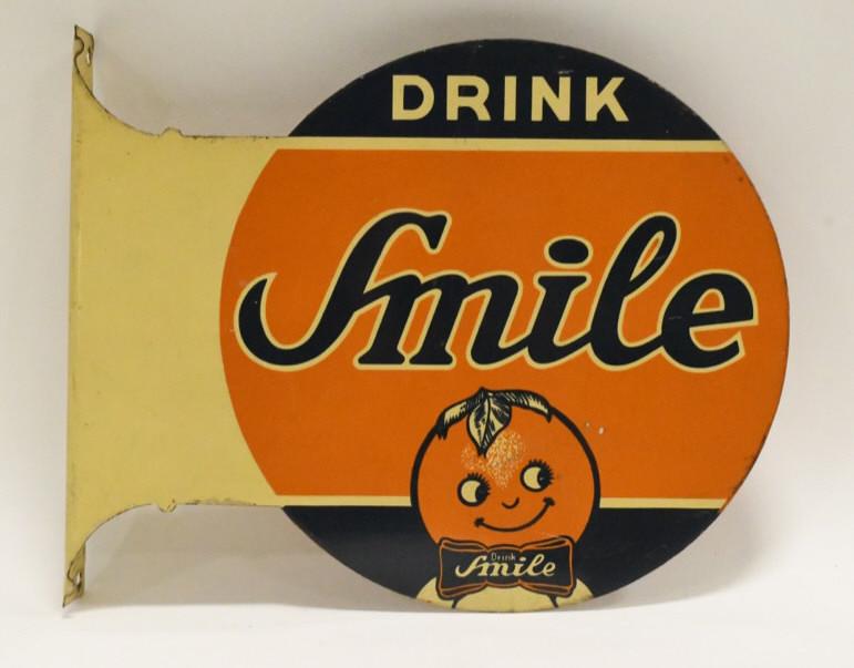 Vintage DST Flange Smile Drink Advertising Sign: Nice original vintage double sided tin flange Smile Drink advertising sign. Sign is in very nice original condition. Does have some light paint loss and wear fom use and age. Displays extremely well w