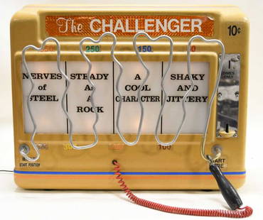 1960s Dyna-Tec 10¢ The Challenger Bar Skill Game: Exciting 1960s coin operated 10¢ "The Challenger" skill test bar / pub game. When powered on the user must see how far they can get the corded metal loop around the various challenging bent wire obst