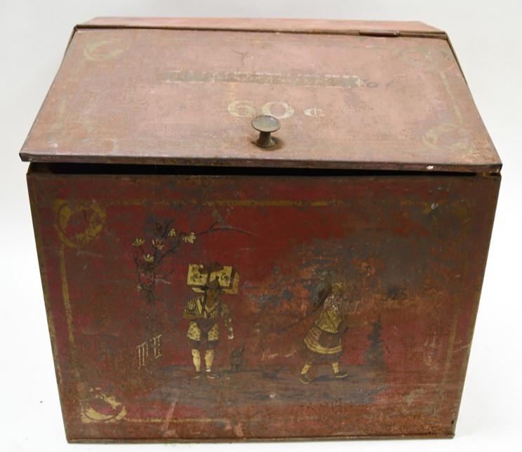 Antique Asian Motif Gun Powder Bin: Antique Asian motif gun powder bin. Good condition with paint loss and surface rust. Displays well with a nice look. Measures approxiamtely 18" across by 17" tall by 14" deep.