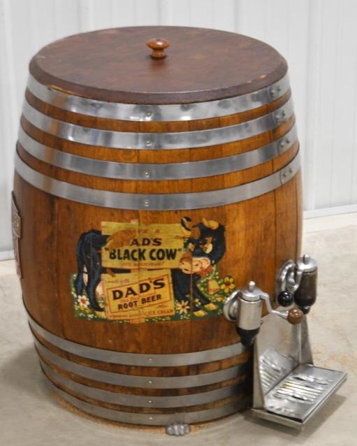 Vintage Dad's Root Beer Keg Barrel Dispenser: Nice vintage Rochester Root Beer keg barrel with Dad's root beer decals and taps . Good condition with wear from use and age. Measures approximately 32" tall by 24"" in diameter.