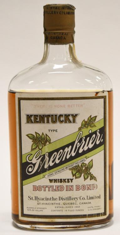 Prohibition Era Kentucky Greenbrier Whiskey Sealed: Very nice sealed 16 ounce bottle of Prohibition era Kentucky Type Greenbrier Whiskey. Bottle is sealed and top appears to be dated 1924. Bottled in Canada. Measures approxiamtely 8" tall.