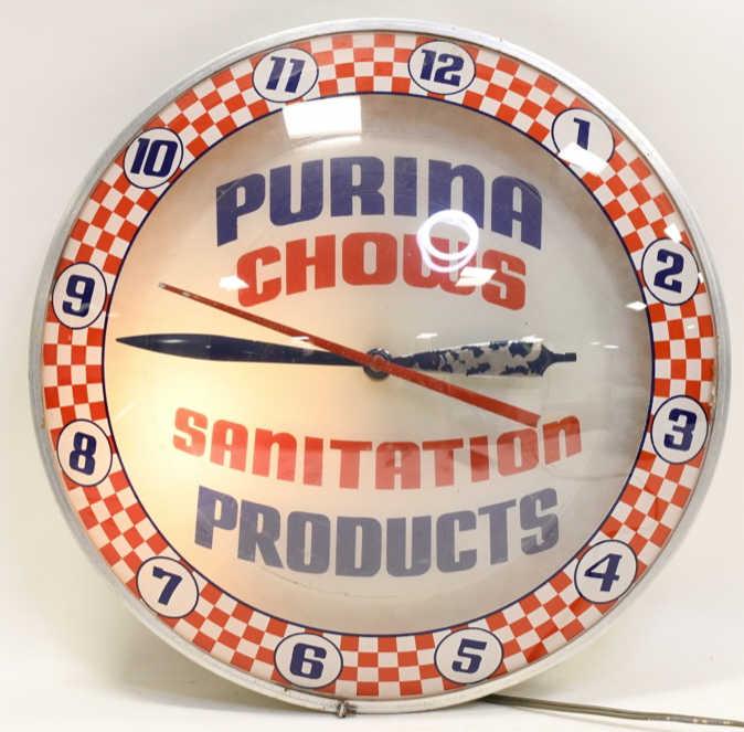 Double Bubble Purina Chows Lighted Adv Clock: Nice original Advertising Products double bubble Purina Chows lighted advertising clock. Clock is in nice condition with missing paint on hands and second hand rub wear on glass.. Displays very well.