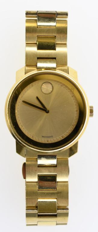 Men's Movado Bold Gold-Tone Quartz Watch: Nice men's Movado Bold gold tone quartz watch #MB.01.1.34.6136. The watch is in nice used condition. Measures 8" long.