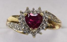 Ladies 10K Yellow Gold Ruby Heart & Diamond Ring (1 of 2)