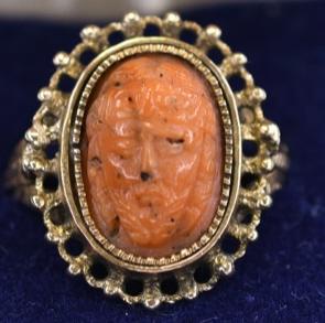 Ladies 14K Gold Carved Coral Greek Face Ring (1 of 2)
