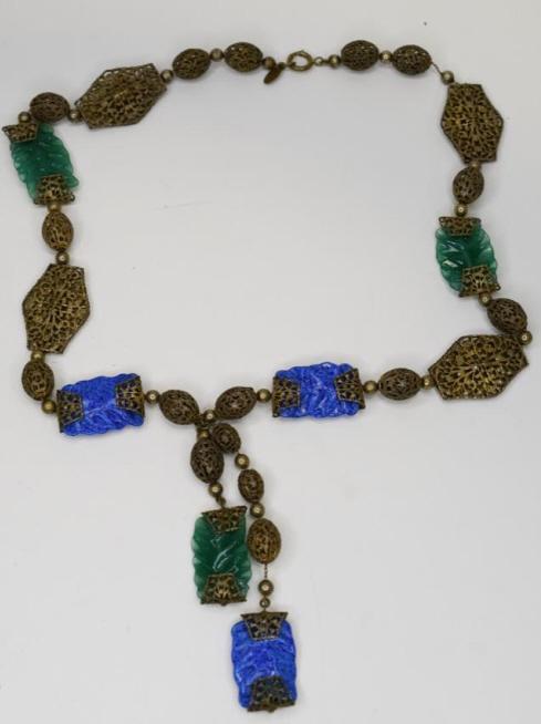 1940's Miriam Haskell Blue & Green Glass Necklace (1 of 4)