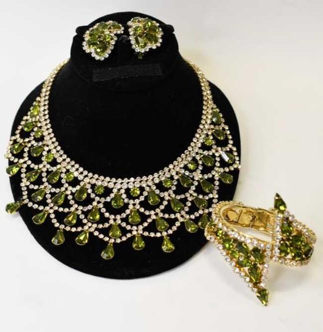 1950's Hobe 3 Pc. Green & Clear Rhinestone Set (1 of 5)