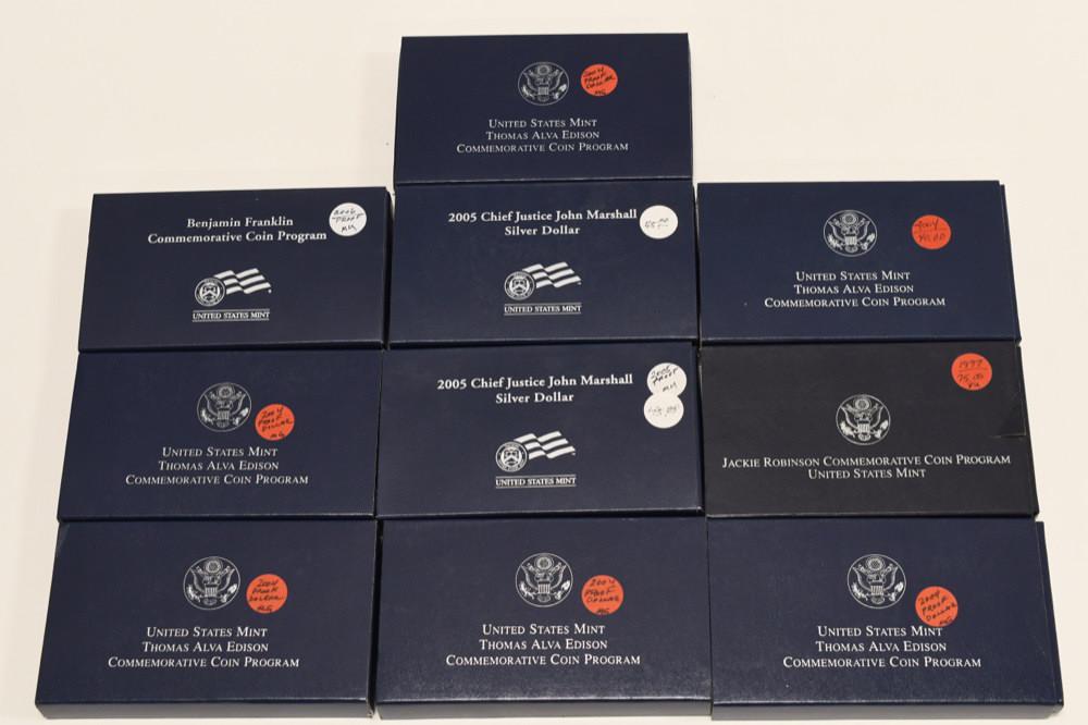(10) Mixed Commemorative Proof Silver Dollars: Lot includes (6) 2004 Thomas Alva Edison, (2) 2005 Chief Justice John Marshall, (1) 2006 Benjamin Franklin, and (1) 1997 Jackie Robinson Dollars in the original boxes. Each 90% silver coin contains .7