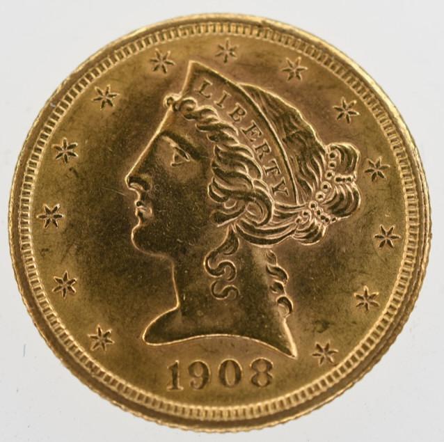 1908 Liberty Head $5 Gold Coin (1 of 2)