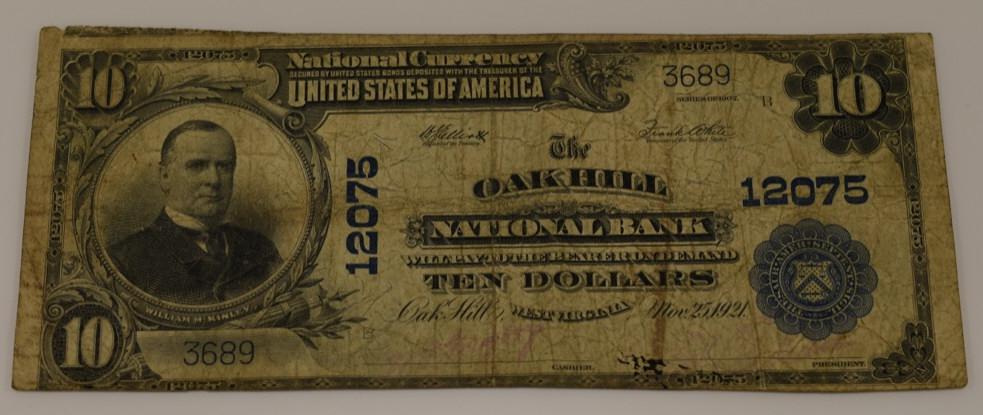 1921 $10 Oak Hill West Virginia National Bank Note (1 of 5)