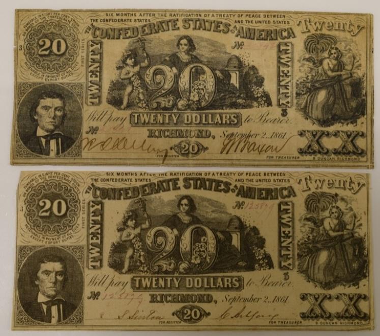 Lot of 2 -1861 $20 Confederate Type 20 Notes (1 of 3)