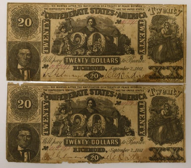 Lot of 2 -1861 $20 Confederate Type 20 Notes (1 of 5)