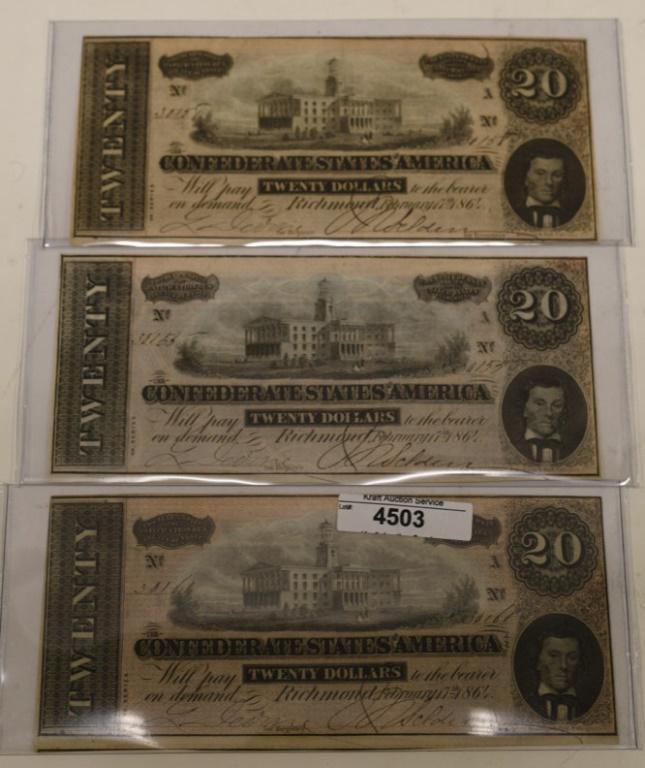 Lot of 3 1864 $20 Confederate Type 67 Notes (1 of 5)