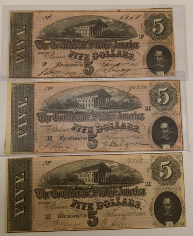 Lot of 3 $5 Confederate States Type 69 Notes (1 of 2)
