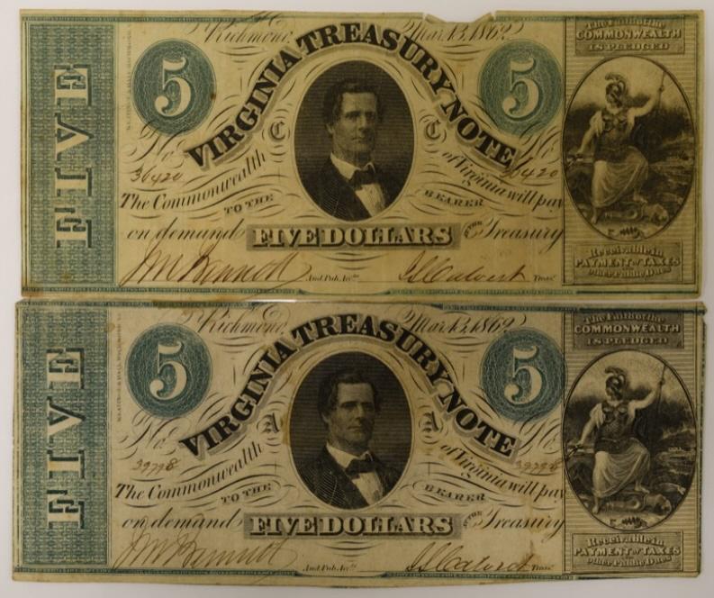 Lot of 2 1862 Virginia $5 Treasury Notes (1 of 4)