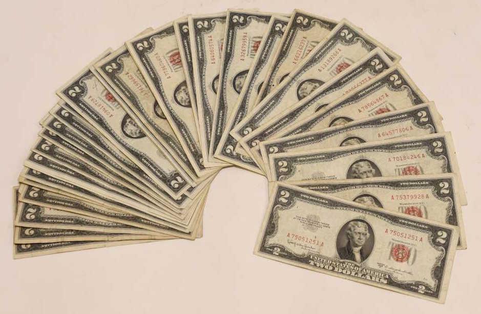 Lot of 36 Series of 1953 Red Seal $2 Notes (1 of 4)