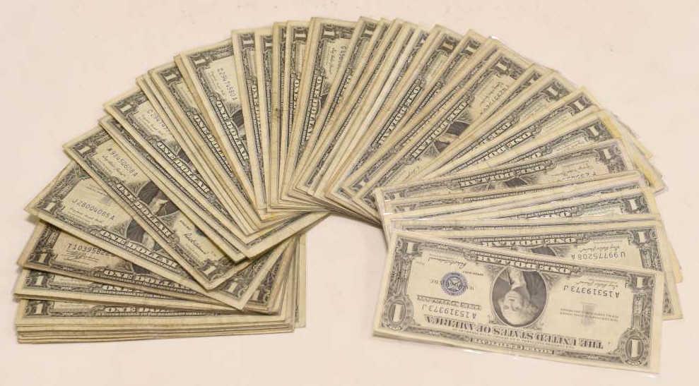Lot of 80 $1 Silver Certificates: Series of 1935 and 1957.
