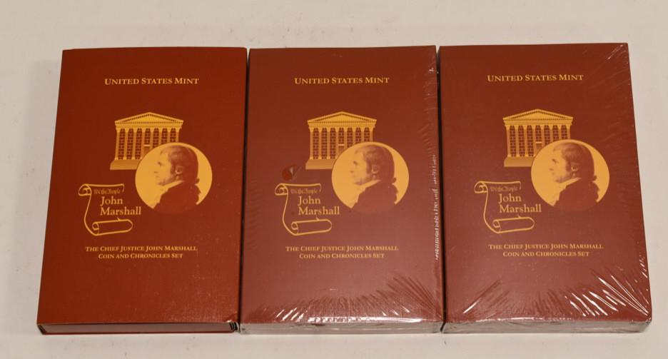 (3) 2005 John Marshall Coin & Chronicles Set: Nice Lot of 3 2005 Chief Justice John Marshall Coin & Chronicles Set. Sets are in new condition in the original boxes. Each uncirculated set includes a 90% silver dollar.