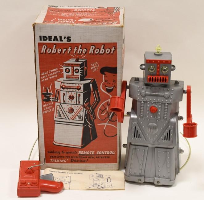 Ideal's Crank Operated Robert the Robot: Nice Ideal's crank operated Robert The Robot with box. Robot has some light wear from age and display. Box has some wear but overall displays nice. Robot talks and walks. Measures approximately 16" ta