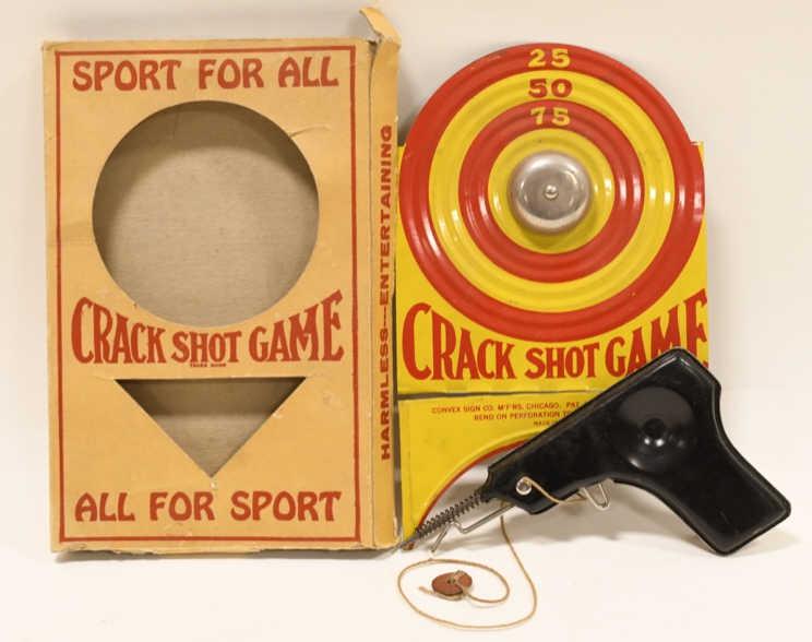 Convex Sign Co. Crack Shot Target Game: Nice Convex Sign Co. crack shot target game set with the box. Gun is in working condition. Box is in rough condition. Box measures approximately 8" long.