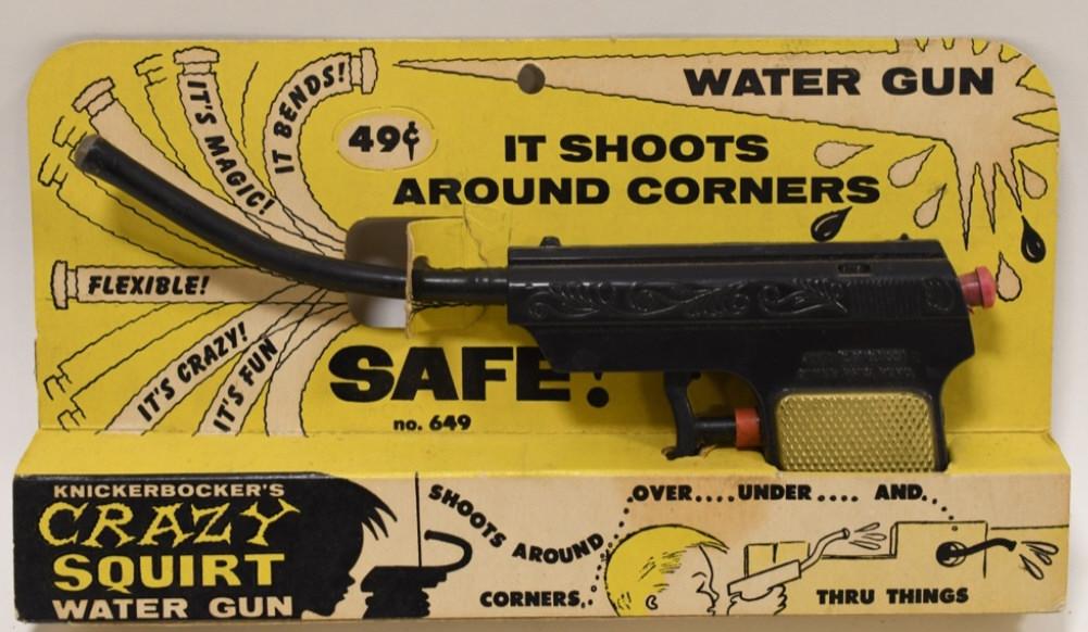 Knickerbocker's Crazy Squirt Water Gun: Nice Knickerbocker's crazy quirt water gun in the package. Package is in nice condition with light wear from age and display. Measures approximately 9 1/4" long.