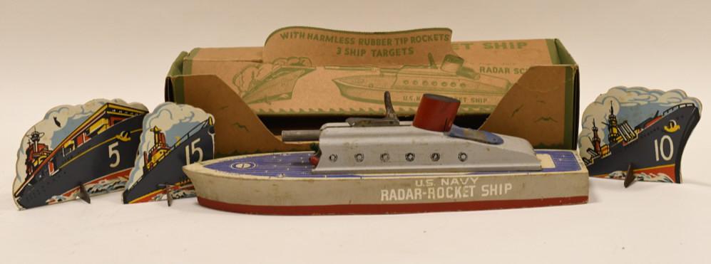 WWll Keystone U.S. Navy Radar-Rocket Ship: Nice WWll wood toy Keystone U.S. Navy Radar-Rocket Ship with the box. Comes with 3 ship targets and 1 missile. The missile tip is broke. Box and toy have light wear from age and play. Measures approxi
