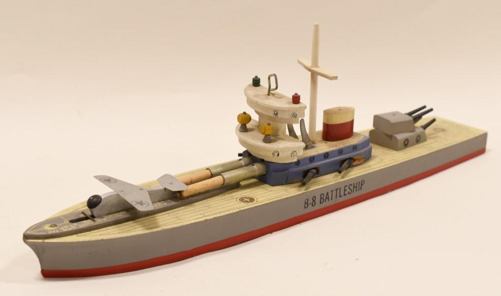 WWll Keystone B-8 Battleship Wood Toy: Nice WWll wood toy Keystone B-8 Battleship . Displays nicely with wear from play and age. Has some chips and paint loss. Measures approximately 19 1/2" long.