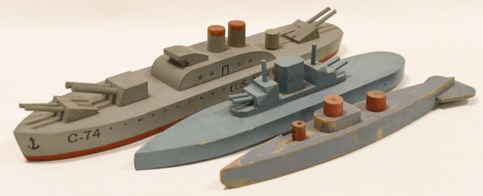 Lot of 3 WWll Wooden Toy Boat Battleships: Nice lot of three WWll wooden toy boats. All display nicely with paint loss and wear from play and age. The U.S.S. Texas is a Velmade toy. Longest measures approximately 17" long.