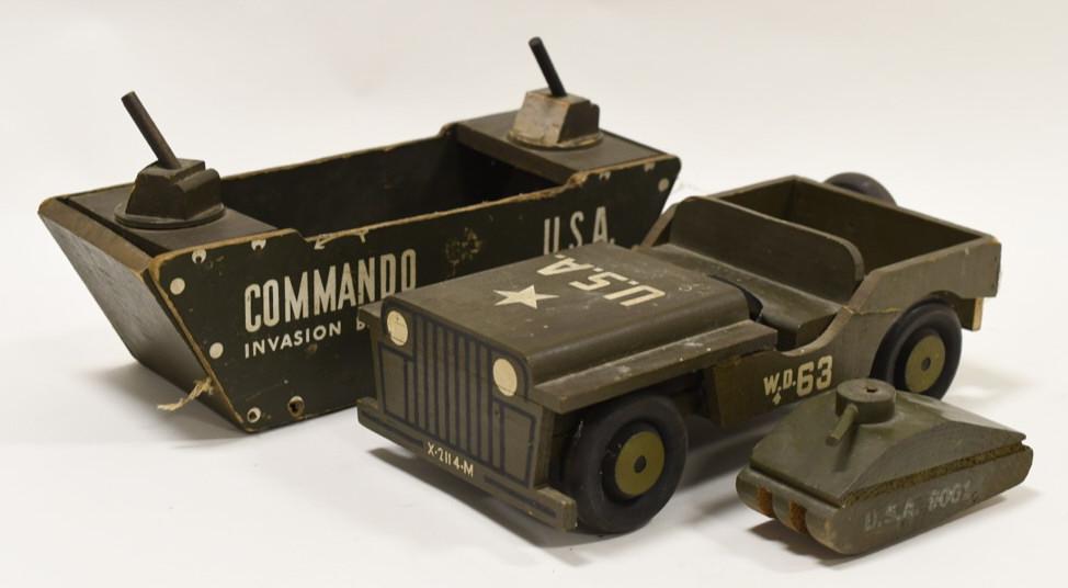 Commando Toys Wood Barge and Jeep: Nice lot of 2 commando toys wooden jeep and Commando Invasion barge.Both display nicely with wear from play and age Barge measures approximately 11" long.