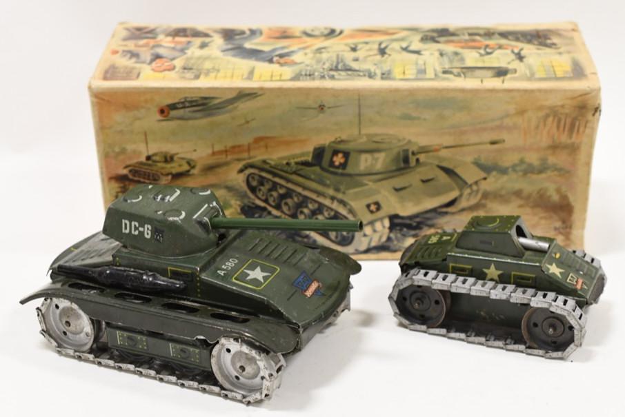 Arnold Western Germany Tin Litho Tanks: Nice Arnold Western Germany tin litho tanks with box. Toys are in nice condition with wear from play and age. Box measures approximately 10" long.
